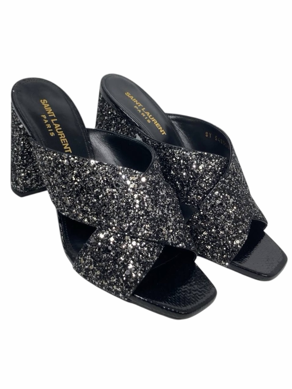 Saint Laurent Glitter LouLou 70 Mule Sandal Black Glitter size 39 full set